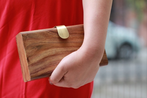 french connection woodden clutch