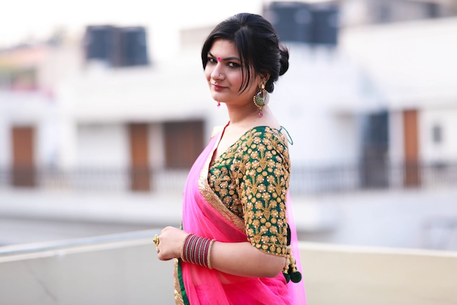 festive pink green outfit diwali