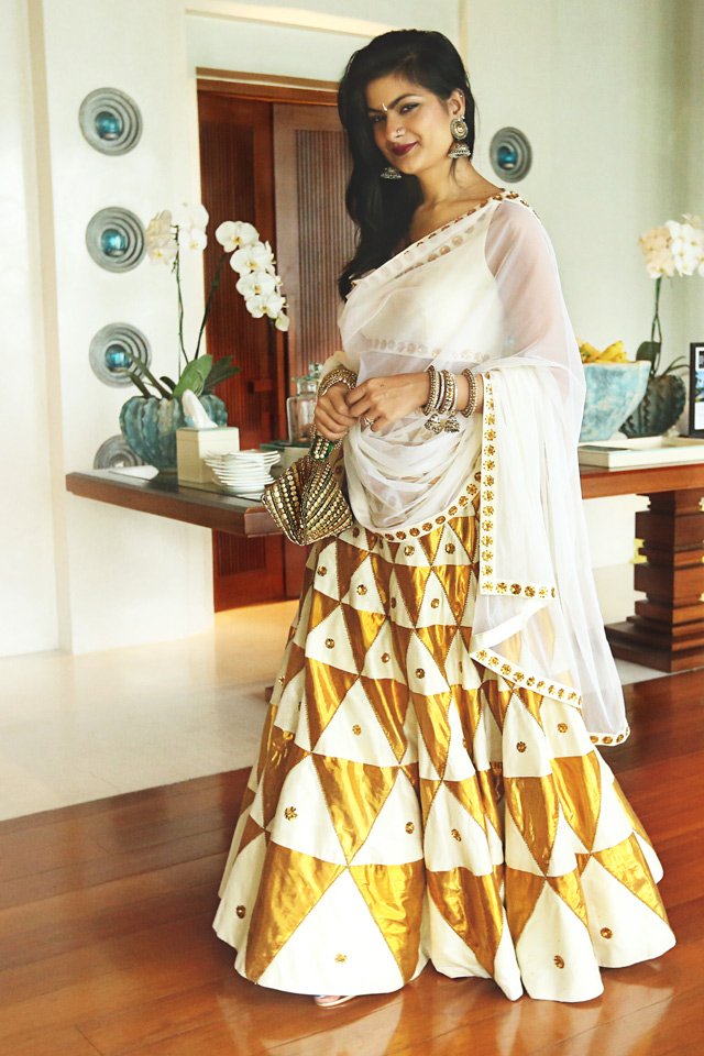 indian designer white gold lehenga