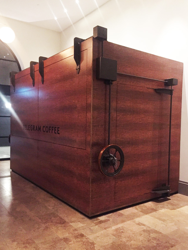 time for coffee at telegram. Luke  Arnold opens Telegram Coffee every morning using an antique 135-year-old dumb waiter crank wheel, salvaged from the Old Treasury building.